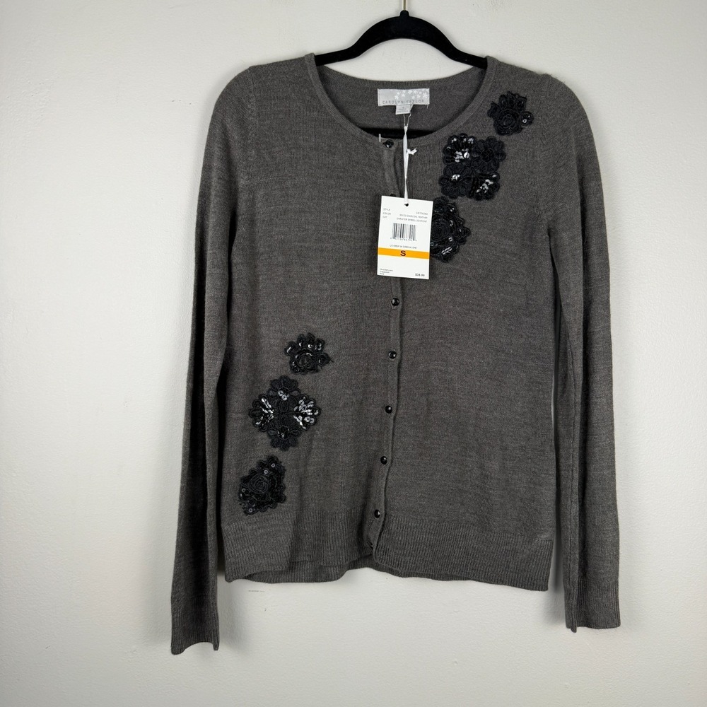 Carolyn Taylor Cardigan Women's S Gray Heather Long Sleeve‎ Crewneck Embellished